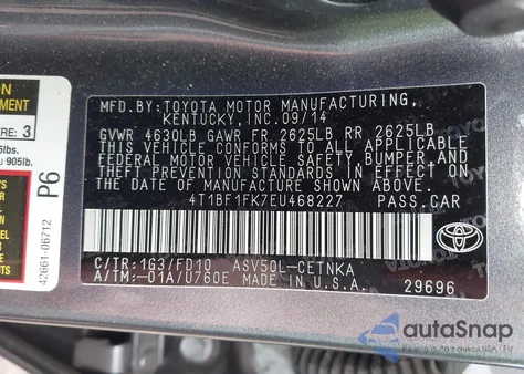 2014 Toyota Camry Le from USA, damaged, VIN 4T1BF1FK7EU468227